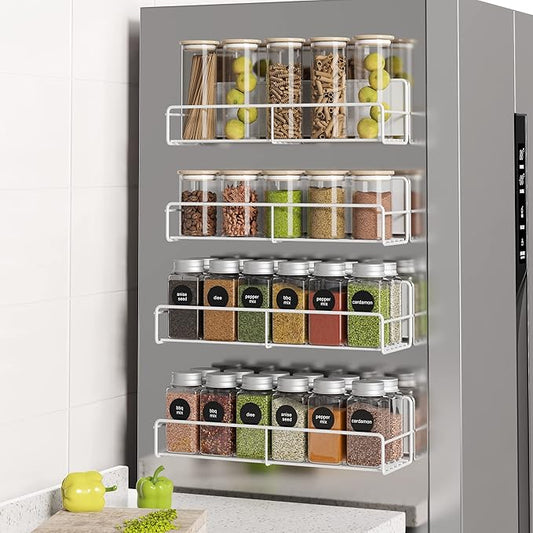 4 Pack Magnetic Spice Rack Organizer, Space Saver for Refrigerator and Microwave Oven, Metal Fridge Shelf, White-Ruum Studio Home