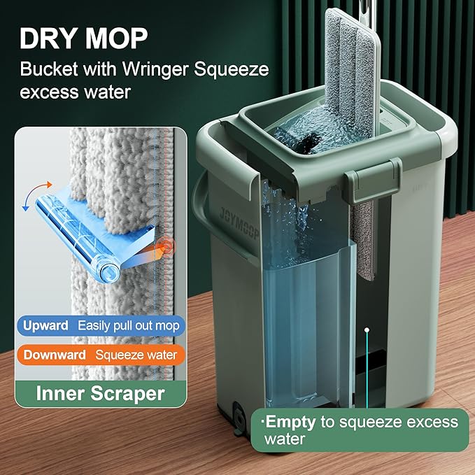 JOYMOOP Mop and Bucket Set - Mops for Floor Cleaning & Wall Cleaner with Long Handle, Include 5 Microfiber Mop Pads - Green Bucket (X-Large)-Ruum Studio Home