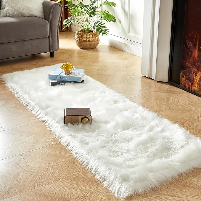 AMTOVO Faux Fur Rug, White Ultra Soft Fluffy Shag Sheepskin Rug, 2 x 6 ft Runner Area Rugs for Bedroom Sofa Throw Cushion Room Decor, Rectangle-Ruum Studio Home