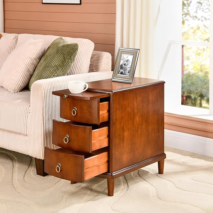 PADMA HOUSE Solid Wood End Table with 3 Drawers, Fully Assembled Nightstand with Sliding Shelf, Pre-Assembled Vintage Wooden Beside Table in Cherry Brown for Small Space,13.4 * 22.4 * 22.6in-Ruum Studio Home