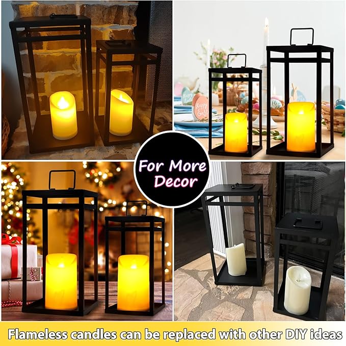 Modern Farmhouse Lantern Decor, 2Pcs Metal Candle Lanterns with Flameless Candles Black Decorative Lantern for Front Porch Covered Patio Dining Table Entryway Table Wedding Home Decor-Ruum Studio Home