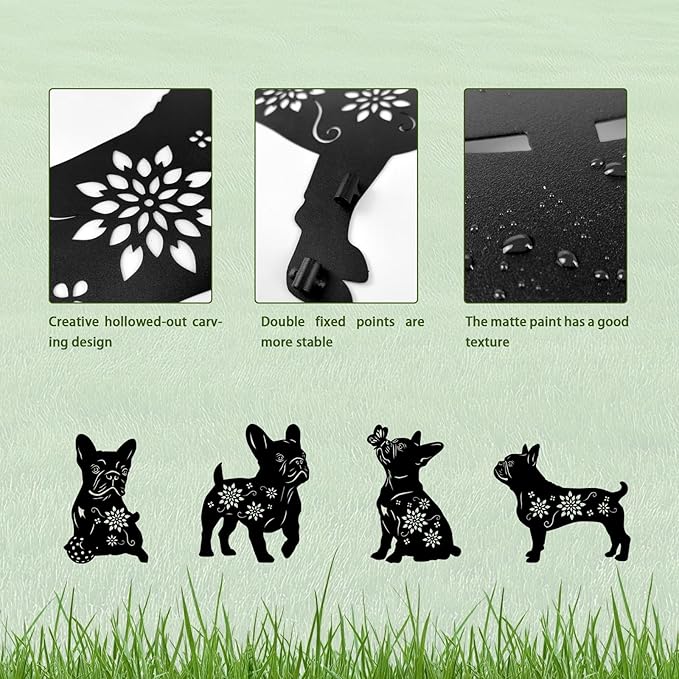 4 Pack Bulldog Metal Garden Decorative Stakes, Weather Proof Puppy Silhouette Statues for Yard, Patio,Outdoor Decor for Bulldog Lovers and Pet Owners-Ruum Studio Home