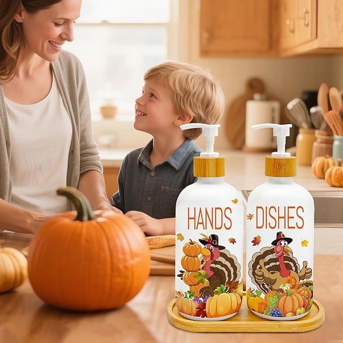 Hexagram Thanksgiving Decorations Indoor, Thanksgiving Kitchen Soap Dispenser Set of 2, Turkey Glass Soap Dispenser for Home Decor, Turkey Refillable Lotion Essential Oil Dispensers with Pump-Ruum Studio Home