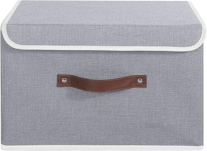 ANMINY Storage Bin with Lid Storage Boxes with PU Leather Handles PP Plastic Board Decorative Foldable Lidded Cotton Linen Fabric Home Cubes Baskets Closet Organizer Container - Gray, Large Size-Ruum Studio Home