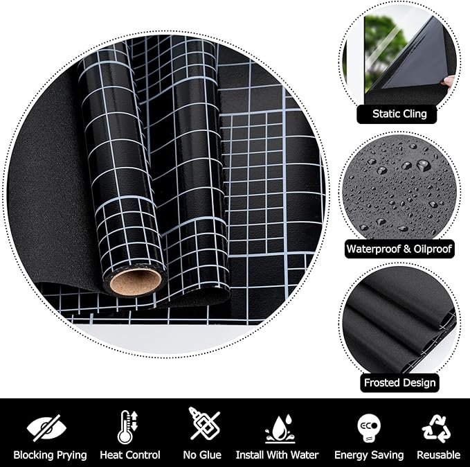 HIDBEA Blackout Window Film,100% Light Blocking Room Darkening Window Privacy Film,Frosted Glass Window Film Heat Control, Removable Window Cover Tint for Day Sleep (Black,23.6in x 6.5ft)-Ruum Studio Home