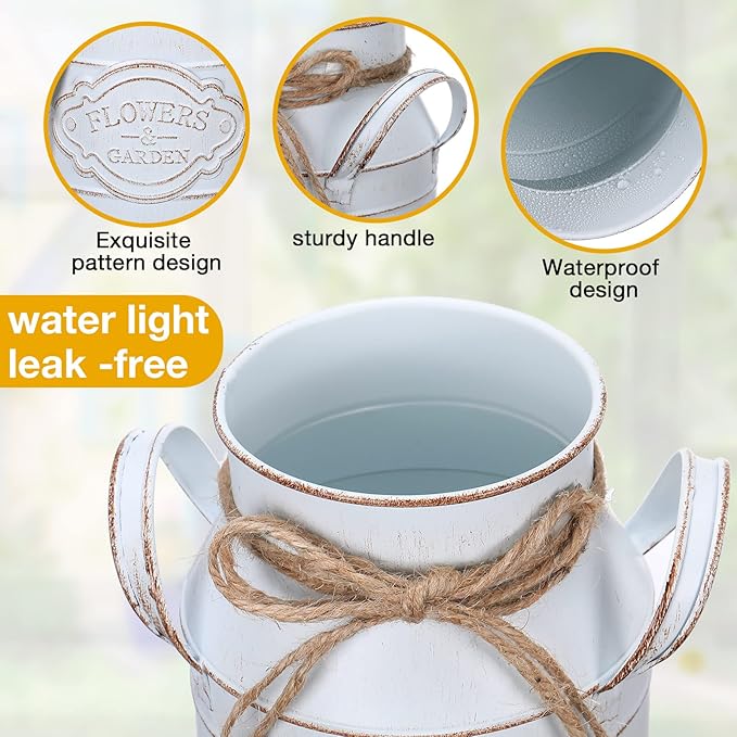 6 Inch Farmhouse Vase Decor Milk Can Vintage Flower Jug Galvanized Metal Vase with Handle Rustic Flower Buckets for Thanksgiving Christmas Table Centerpiece Weddings Gifts(Retro White,8 Pcs)-Ruum Studio Home