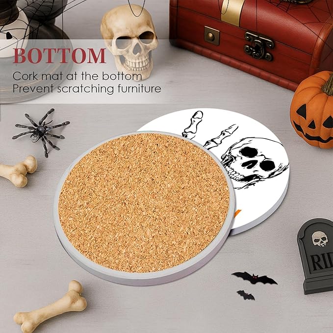Coaster for Drinks Set of 6, Happy Fall Absorbent Round Ceramic Stone Mat, with Cork Base and Metal Holder-Ruum Studio Home