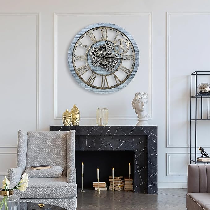 HOIBAI Large Wall Clock, Wall Clocks for Living Room Decor Farmhouse Vintage Rustic Kitchen Wall Decor Vintage Roman Big Oversized Wall Clock for Home Bedroom House Office, Moving Gears Clock-Ruum Studio Home