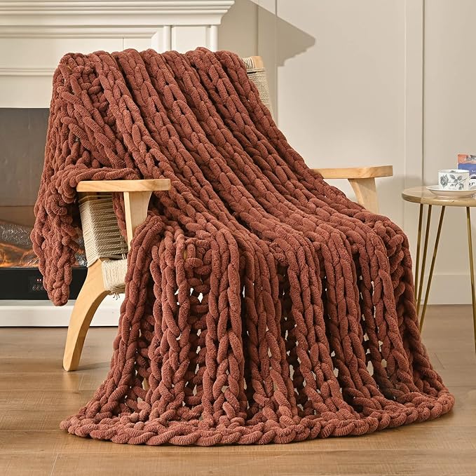 Esterra Chunky Knit Blanket Throw, 100% Handmade Chenille Throw Blanket 50"x60", Soft Thick Yarn Cable Knit Crochet Throw Blanket Rope Knot Throw for Couch Bed Sofa, Copper Brown-Ruum Studio Home