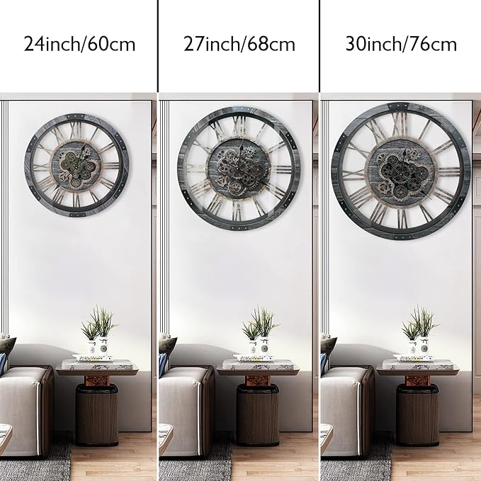 DORBOKER 24" Large Wall Clock with Moving Gears,Oversize Vintage Industrial Rustic Farmhouse Clocks for Living Room Decor Office Home,Solid Wood HD Tempered Glass Cover,Carbon Grey-Ruum Studio Home