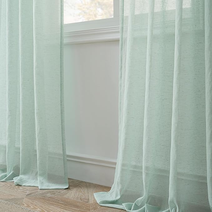 FMFUNCTEX Linen Sheer Curtains for Bedroom, Sage Green Curtains 63 Inch Length for Living Room, Farmhouse French Flax Blend Window Draperies, Rod Pocket 2 Panels Set-Ruum Studio Home