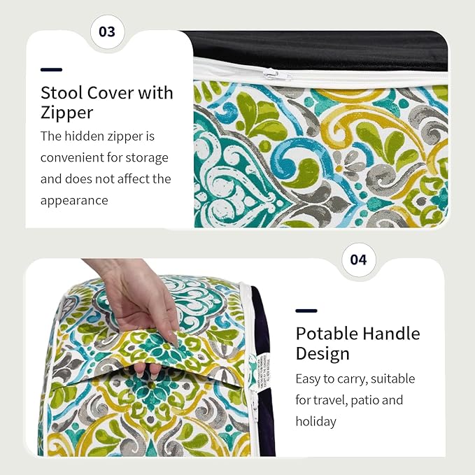 Inflatable Ottoman Stool D21 xH9 for Outdoor/Indoor Use, Water Repellent Patio Foot Rest Stool with Portable Handle,Round Pouf Ottoman Suitable for Garden,Deck and Camping - Damask Green-Ruum Studio Home