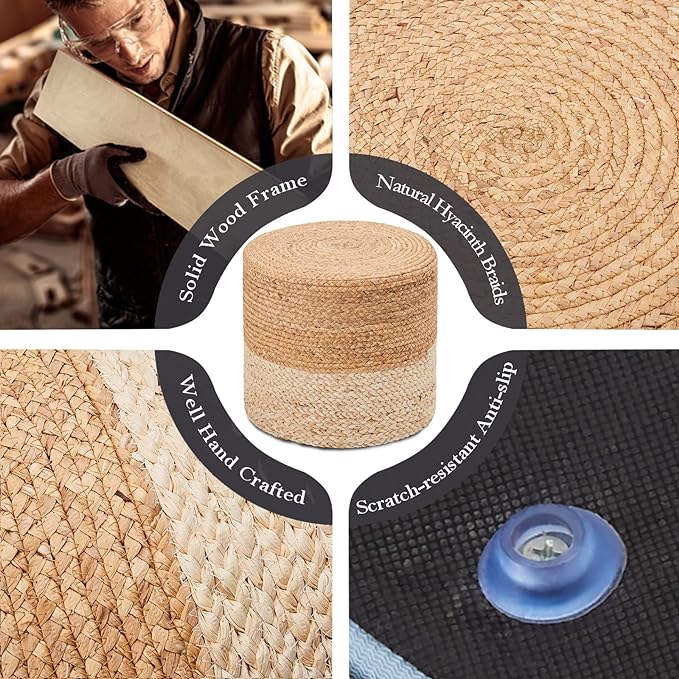 Wimarsbon 18'' Pouf Ottoman, Natural Braided Poof, Round Poufs, Rustic Handweave Lounge Pouffe, Boho Footrest Stool for Bedroom, Accent Table or Seat for Patio, Living Room-Ruum Studio Home