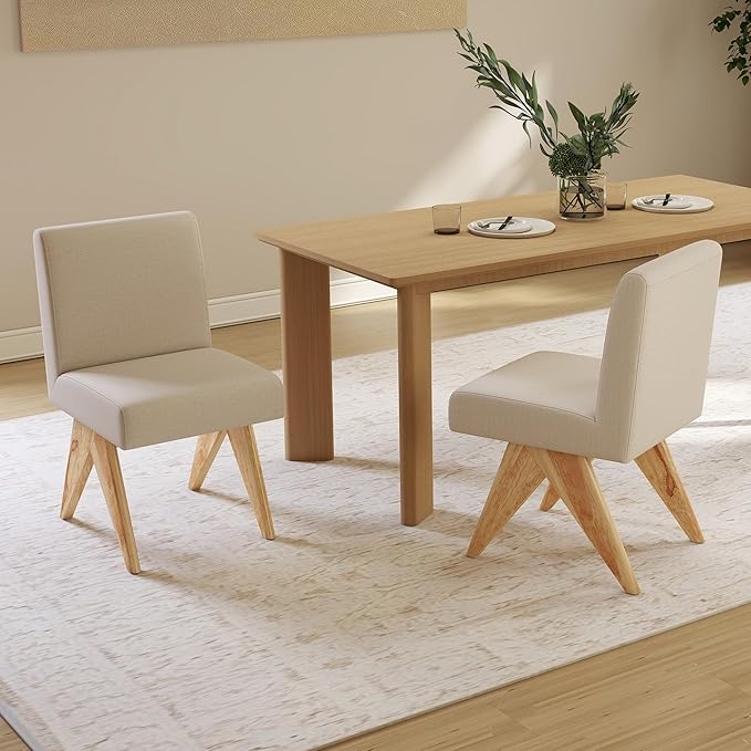 Mid Century Modern Farmhouse Dining Chairs Set of 2, Upholstered Armless Kitchen Chairs with Back and Wooden Legs, Linen Beige-Ruum Studio Home