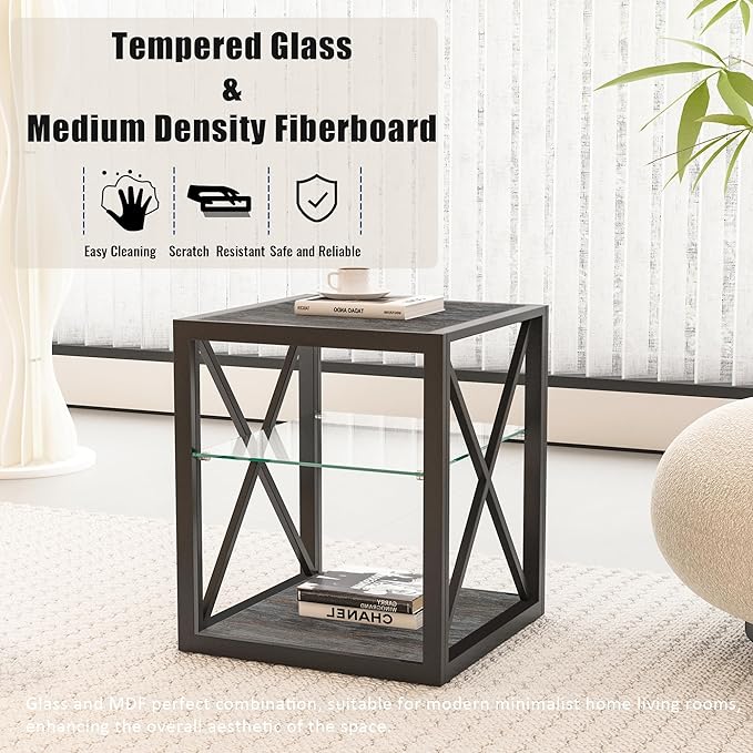 Farmhouse End Table, Modern Side Table with 3-Tier Storage Shelf, Square Rustic Nightstand, Accent Tea Table, for Bedroom Office Living Room, Grey, Natural Wood, Glass, Metal-Ruum Studio Home
