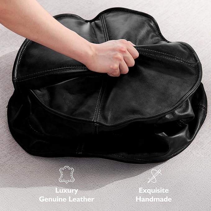 Round Leather Ottoman,Handmade Stuffed Ottoman,Genuine Leather Pouf, Foot Rest Pouf,Comfortable Soft Seating for Living Room & Bedroom (Black, Round)-Ruum Studio Home