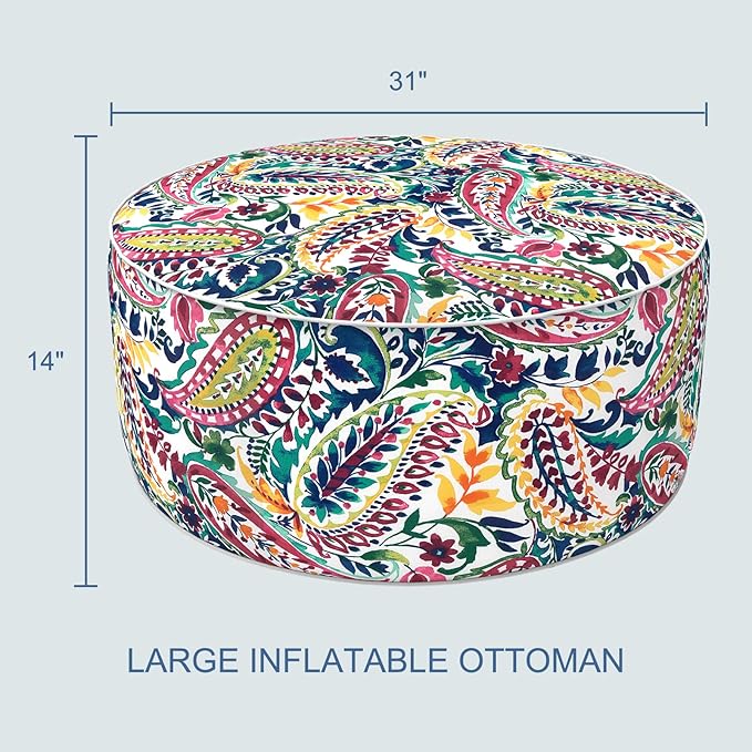 LVTXIII Indoor/Outdoor Inflatable Ottoman, D31 x H14 Inch Large Round Ottoman, All Weather Foot Rest Stool, Portable Footrest for Patio, Garden, Camping and Home - Vigour Paisley-Ruum Studio Home