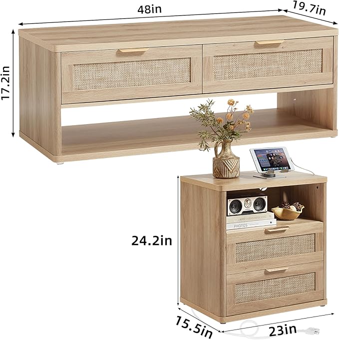 LEYAOYAO Boho Rattan Coffee Table and End Table Sets, 48" Wide Center Tables & 23" Night Stand with Charging Station Chest of Drawers, Natural Wood Coffee Table for Living Room 3 Piece Set-Ruum Studio Home