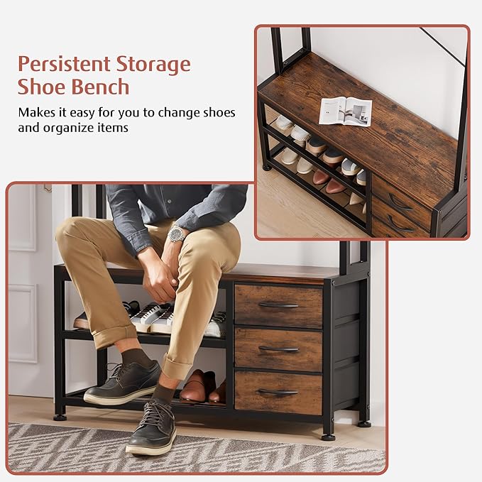 Lulive Hall Tree with Bench and Shoe Storage, 31.5" Coat Rack Freestanding with 2-Tier Storage Shelf, 6-in-1 Entryway Bench Coat Rack with 12 Hooks and 3 Drawers(Rustic Brown)-Ruum Studio Home