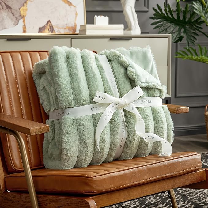 Cozy Bliss Faux Fur Throw Blanket for Couch, Cozy Warm Plush Striped Blanket for Sofa Bedroom Living Room, 60 * 80 Inches Sage Green-Ruum Studio Home