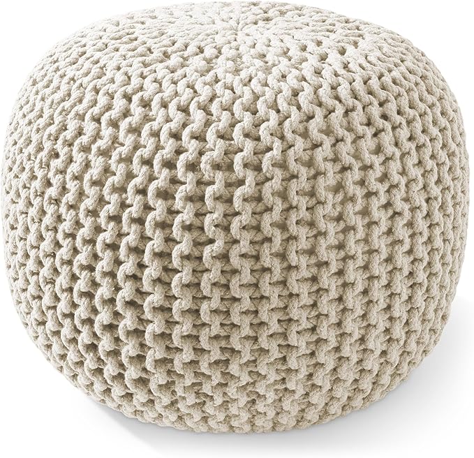 Casafield Round Pouf Ottoman, Natural - 20" Diameter x 14.5" High Cotton Knit Foot Stool - Boho Floor Pouffe for Living Room, Bedroom, Home Office-Ruum Studio Home