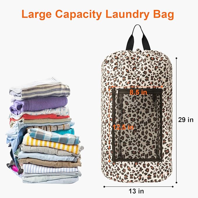 Laundry Bag Backpack Durable Laundry Bag with Shoulder Straps and Mesh Pockets Portable Laundry Dirty Clothes Hamper Bag for College Dorm (Leopard Print)-Ruum Studio Home