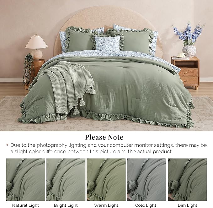 Full Comforter Set - 7 Pieces Ruffle Sage Green Bedding Sets, Shabby Chic Farmhouse Bed in a Bag Full with Ruffle Comforter, Floral Sheets, Pillowcases & Shams-Ruum Studio Home