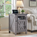 JXQTLINGMU Farmhouse End Table with Charging Station, 18'' Rustic Nightstand with Barn Door & Adjustable Shelf, Wooden Sofa Side Table with 3-Tier Storage for Living Room, Bedroom, Gray-Ruum Studio Home