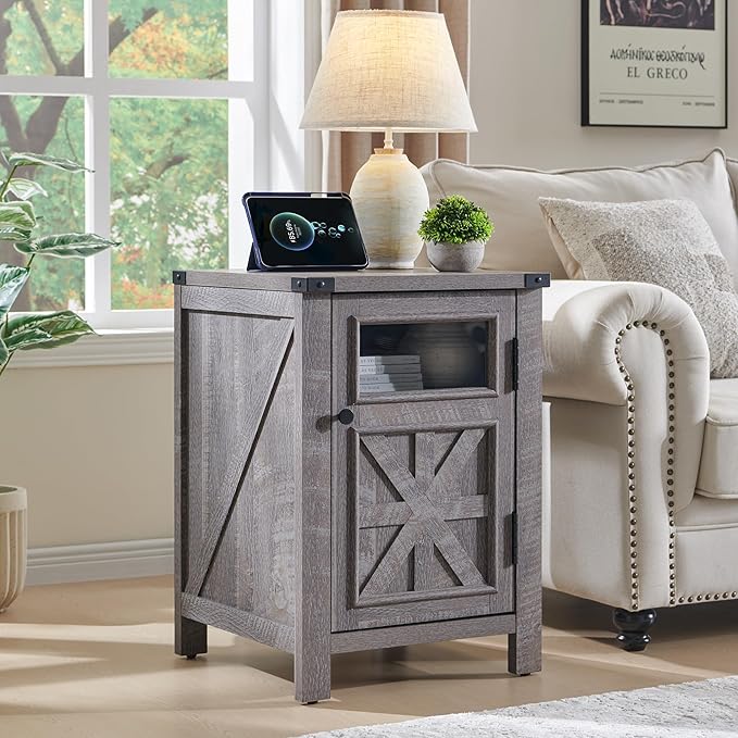JXQTLINGMU Farmhouse End Table with Charging Station, 18'' Rustic Nightstand with Barn Door & Adjustable Shelf, Wooden Sofa Side Table with 3-Tier Storage for Living Room, Bedroom, Gray-Ruum Studio Home