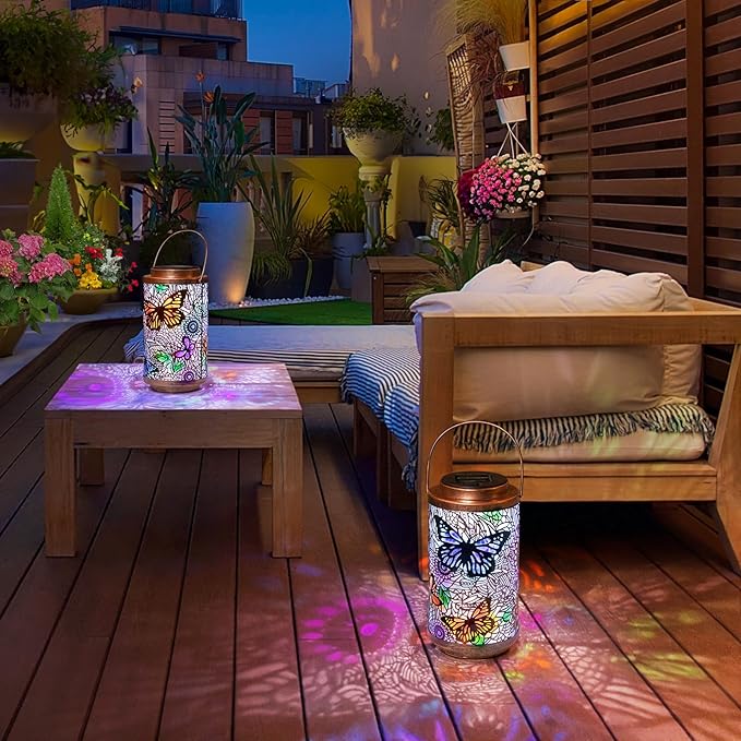 2Pack Solar Lanterns Outdoor Waterproof Colorful Butterfly Garden Gifts for Women, Multicolor Solar Outside Lights Patio Lantern for Yard, Backyard, Porch, Mothers Day Gifts for Mom Grandma Wife-Ruum Studio Home
