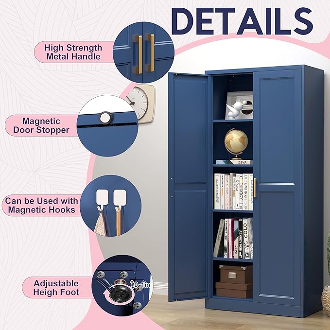 71" Storage Cabinet, Metal Pantry Cabinet, Kitchen Pantry Storage Cabinets with Doors and 4 Shelves, Cabinets for Laundry Room, Living Room, Dinning Room, Assembly Required, Blue-Ruum Studio Home