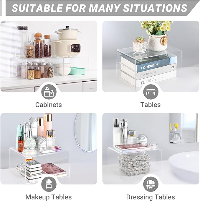 Acrylic Kitchen Cabinet Organizer Shelf, Spice Rack, Plate and Cupboard Storage Riser, Versatile Pantry Shelf, Durable Clear Countertop Organizer for Home and Kitchen(4 PCS)-Ruum Studio Home