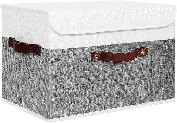 ANMINY Storage Boxes with Lids Washable Decorative Storage Bins Basket with PU Leather Handle Foldable Linen Fabric Storage Cubes Containers for Home Closet Organizer - Gray White, Large Size-Ruum Studio Home