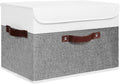 ANMINY Storage Boxes with Lids Washable Decorative Storage Bins Basket with PU Leather Handle Foldable Linen Fabric Storage Cubes Containers for Home Closet Organizer - Gray White, Large Size-Ruum Studio Home