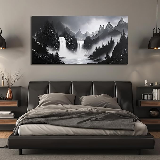 Mountain Hand Painting Wall Decor For Living Room - Extra Large Waterfall Pictures Wall Art For Office - Landscape Canvas Wall Art For Bedroom Size 36 x 72 Inch-Ruum Studio Home