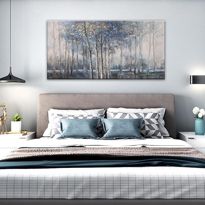 Canvas Wall Art Decor Pictures Wall Decor Prints Modern Large Wall Art Gold Wall Art Blue Grey Misty Botanical Textured Artwork for Walls For Room Living Room Bedroom Office Wall Decor 24"X48"-Ruum Studio Home