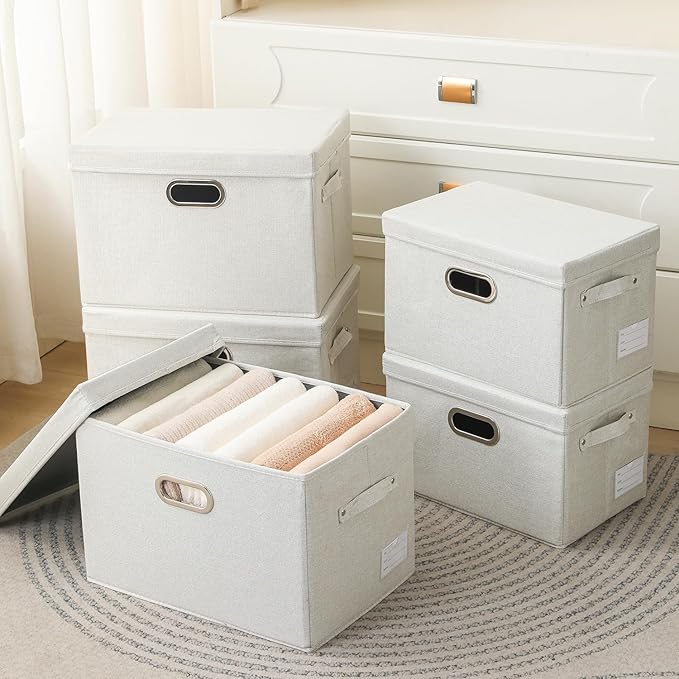 PRANDOM Large Collapsible Storage Bins with Lids [3-Pack] Fabric Foldable Storage Boxes Organizer Containers Baskets Cube with Cover for Home Bedroom Closet Office Beige(17.3x11.8x11.8)-Ruum Studio Home