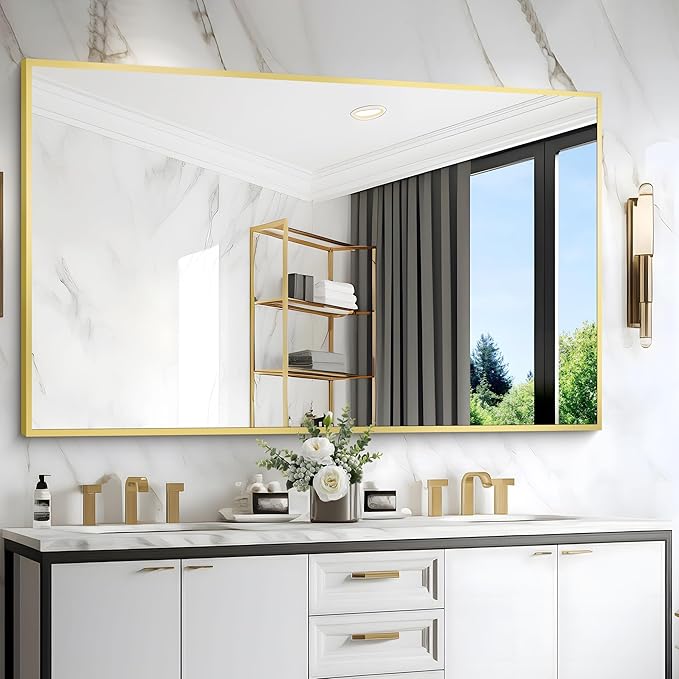 36x55inch Bathroom Mirror, Gold Rectangle Mirror with Thin Metal Frame, Large Rectangular Wall Mirror for Bathroom, Living Room, Hair Salon, Big Farmhouse Mirror Hang Horizontal/Vertical-Ruum Studio Home