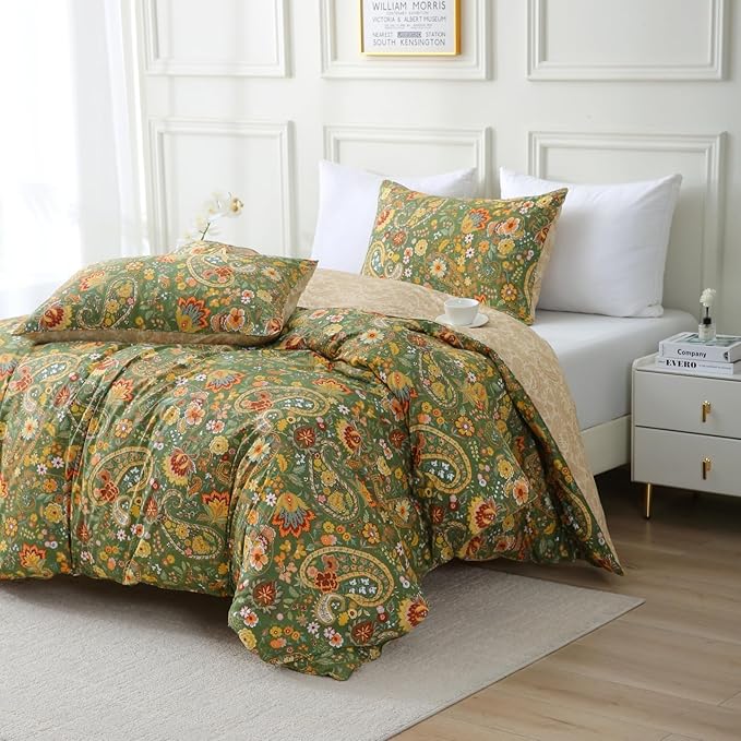 ABREEZE Paisley Bedding Sets 3Pcs Brushed Cotton Duvet Cover Set Queen Size Rustic Damask Green Floral Comforter Cover with Zipper Closure Boho Bedding Collections-Ruum Studio Home