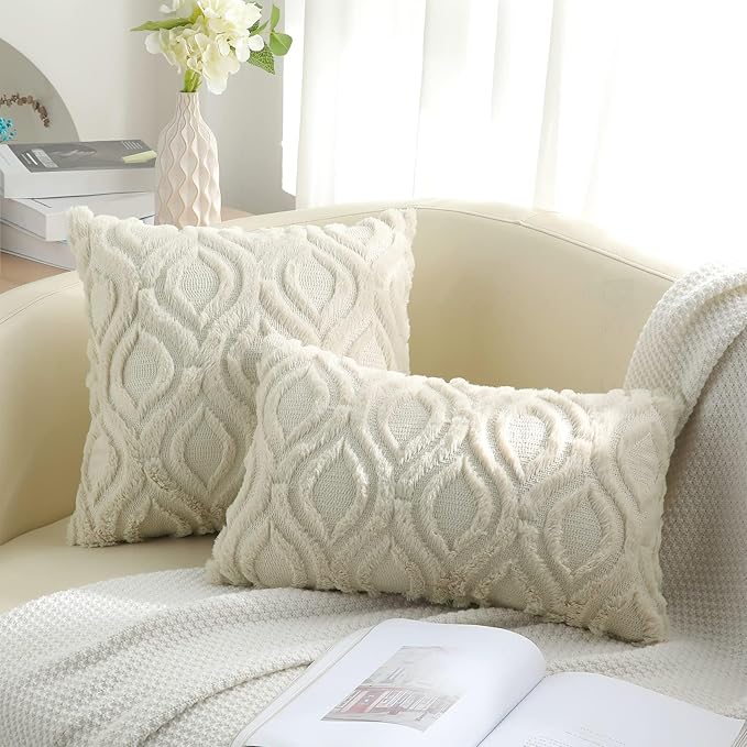decorUhome Fall Throw Pillow Covers 22x22 Inch Set of 2, Soft Plush Decorative Faux Fur Beige Solid Couch Pillow Covers, Accent Farmhouse Neutral Square Euro Pillow Cases for Sofa Bed Living Room-Ruum Studio Home