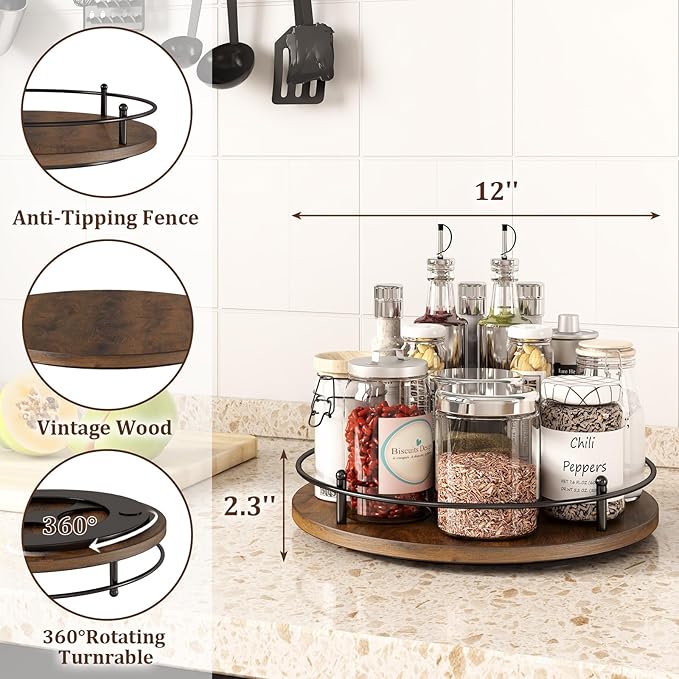 12" Lazy Susan Turntable Organizer,Round Wooden Lazy Susan Organization and Rotating Spice Rack for Dining Table,Pantry,Kitchen Countertop,Vanity,Cupboard and More.Vintage Wood(Round)-Ruum Studio Home