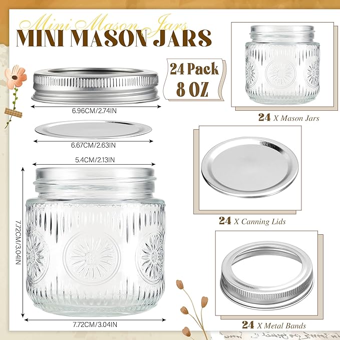 Mason Jars 8 oz - Vintage Small Glass Mason Jars with Silver Metal Lids, Regular Mouth Canning Jars, Safe For Storage, Canning, Pickling, Preserving, Fermenting, DIY Crafts & Decor (24Pack)-Ruum Studio Home