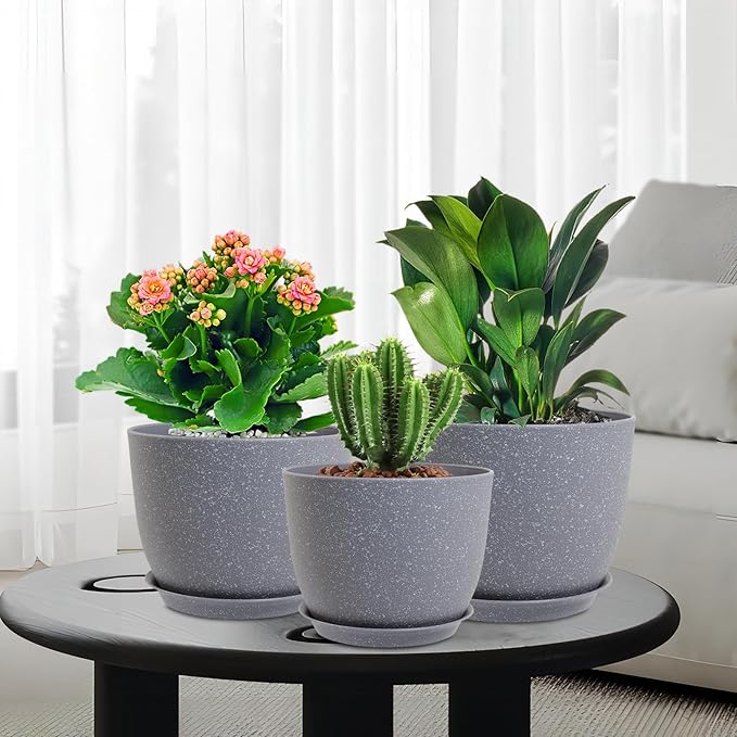 10/9/8 inch Plant Pots, Set of 3 Modern Decorative Plastic Planters with Drainage Holes and Saucers for Garden House Plants, Flower Pots for Indoor Outdoor Plants, Speckled Grey-Ruum Studio Home