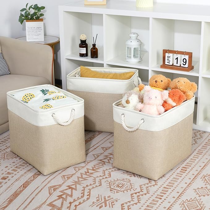 Bidtakay Extra Large Storage Baskets for Organizing 17x12x15.1 inch 3-Pack Fabric Closet Organizers Storage Bins with Handles Foldable Storage Baskets for Shelves Clothes XL-White&Beige-Ruum Studio Home
