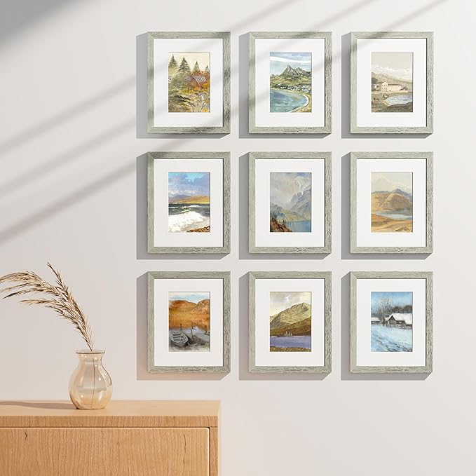 Vittanly 8x10 Picture Frames Set of 9, Shatter Resistant Plexiglass, Display 5x7 Pictures with Mat or 8x10 without Mat, Photo Frames for Wall or Tabletop, Engineered Wood, Grey-Ruum Studio Home