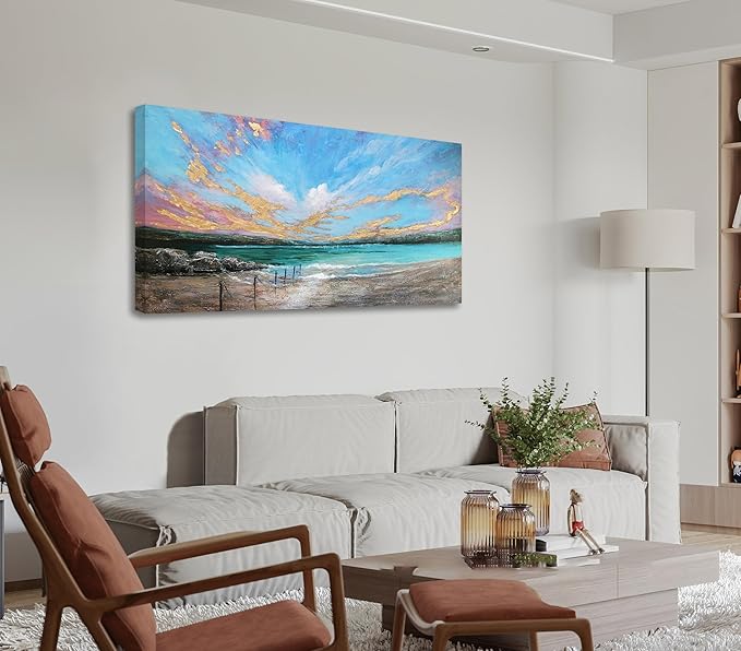 Arjun Ocean Teal Wall Art Canvas Coastal Beach Painting Blue Turquoise Landscape Sunset Picture, Panoramic Gold Foil Textured Large Artwork Framed for Living Room Bedroom Bathroom Wall Decor 40"x20"-Ruum Studio Home