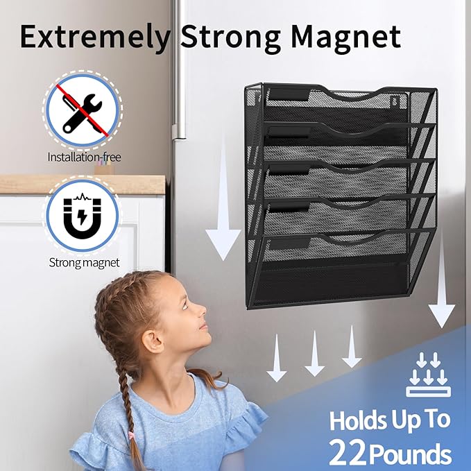 5-Tier Magnetic File Holder, No Drilling Installation File Cabinet Organizer, Black Magnetic File Organizer, Magazine Rack, Magnetic Paper Holder for Refrigerator, File Cabinets, Whiteboard-Ruum Studio Home