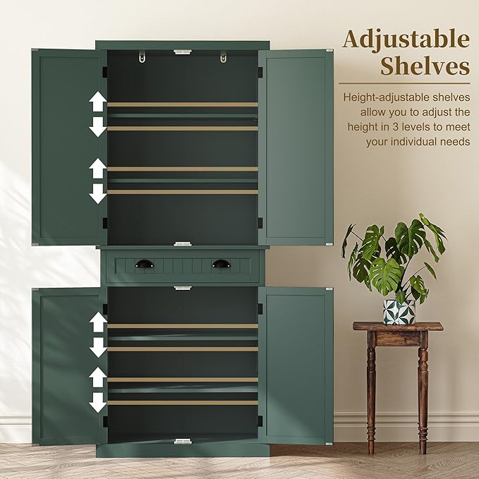 ARTPOWER 72" Tall Kitchen Pantry Storage Cabinet with Drawer and Adjustable Shelves, Pantry Cabinet for Kitchen, Bathroom or Hallway, Green-Ruum Studio Home