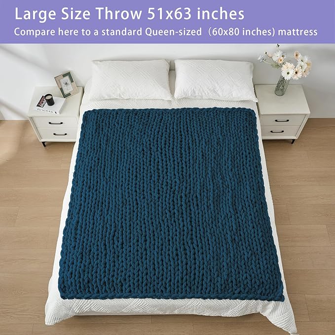 Bigacogo Chunky Knit Throw Blanket for Couch, 51x63 inches, 100% Hand Knitted with Thick Jumbo Chenille Yarn, Cozy Soft Large Rope Knot Cable Crochet Blankets for Sofa Bed Living Room, Deep Sea Blue-Ruum Studio Home
