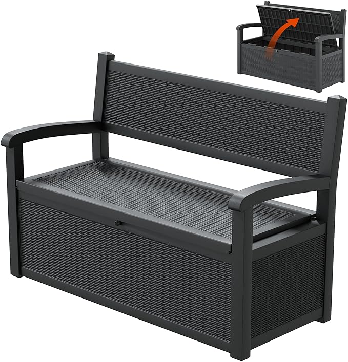 70 Gallon Lockable Outdoor Storage Bench Waterproof, Deck Box Bench for Patio, Porch, Garden, Poolside, Stores Tools & Pool Supplies, Heavy-Duty Outdoor Bench with Storage, Black-Ruum Studio Home